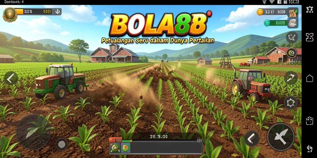 Screenshot gameplay BOLA88 menampilkan ladang yang subur dan aktivitas bertani.