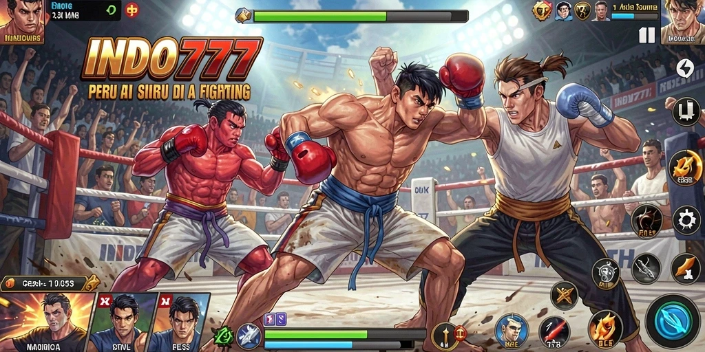Tampilan utama gameplay <strong>INDO777</strong> dengan karakter bertarung di arena.