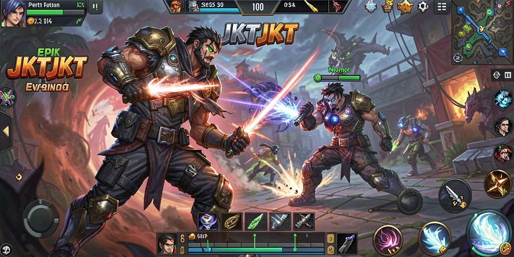 Gameplay seru dalam JKTJKT dengan aksi MOBA yang mendebarkan.
