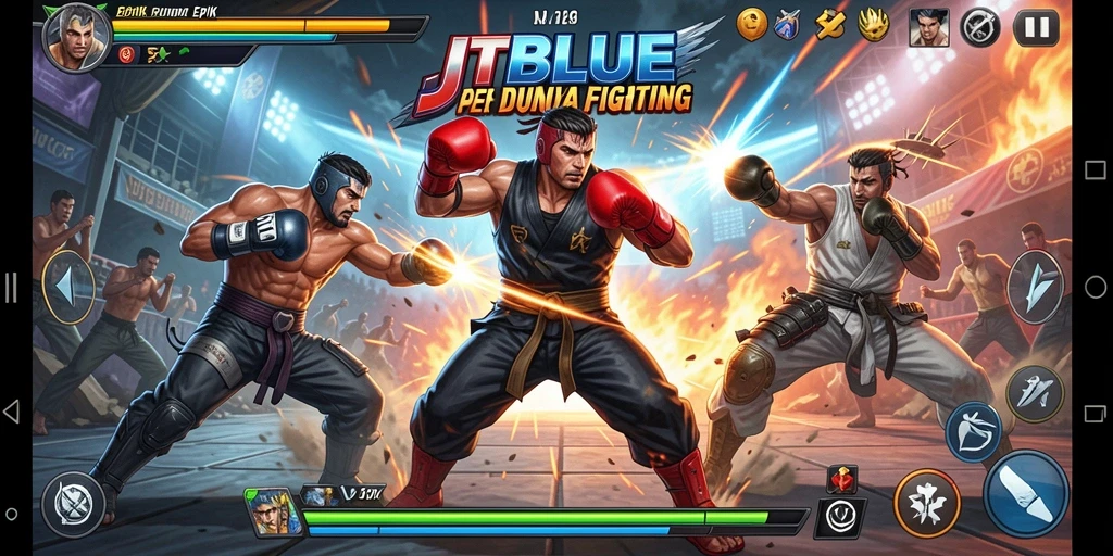 Screenshot JTBLUE menampilkan aksi pertarungan yang mendebarkan dan karakter-karakter menarik.