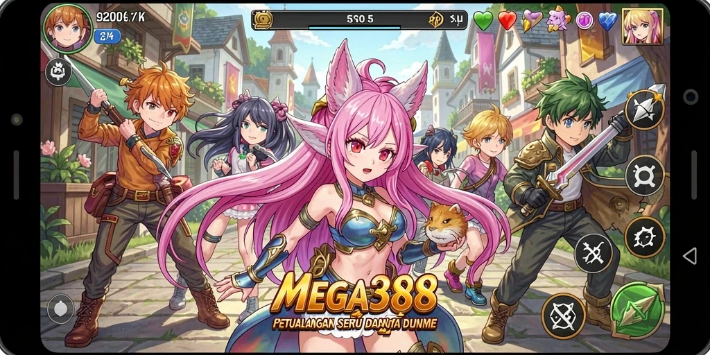 Tangkapan layar MEGA388 menampilkan aksi seru karakter anime dalam pertarungan epik.