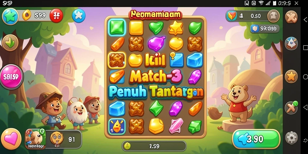 Tampilan gameplay S9S9 dengan permata berwarna cerah.